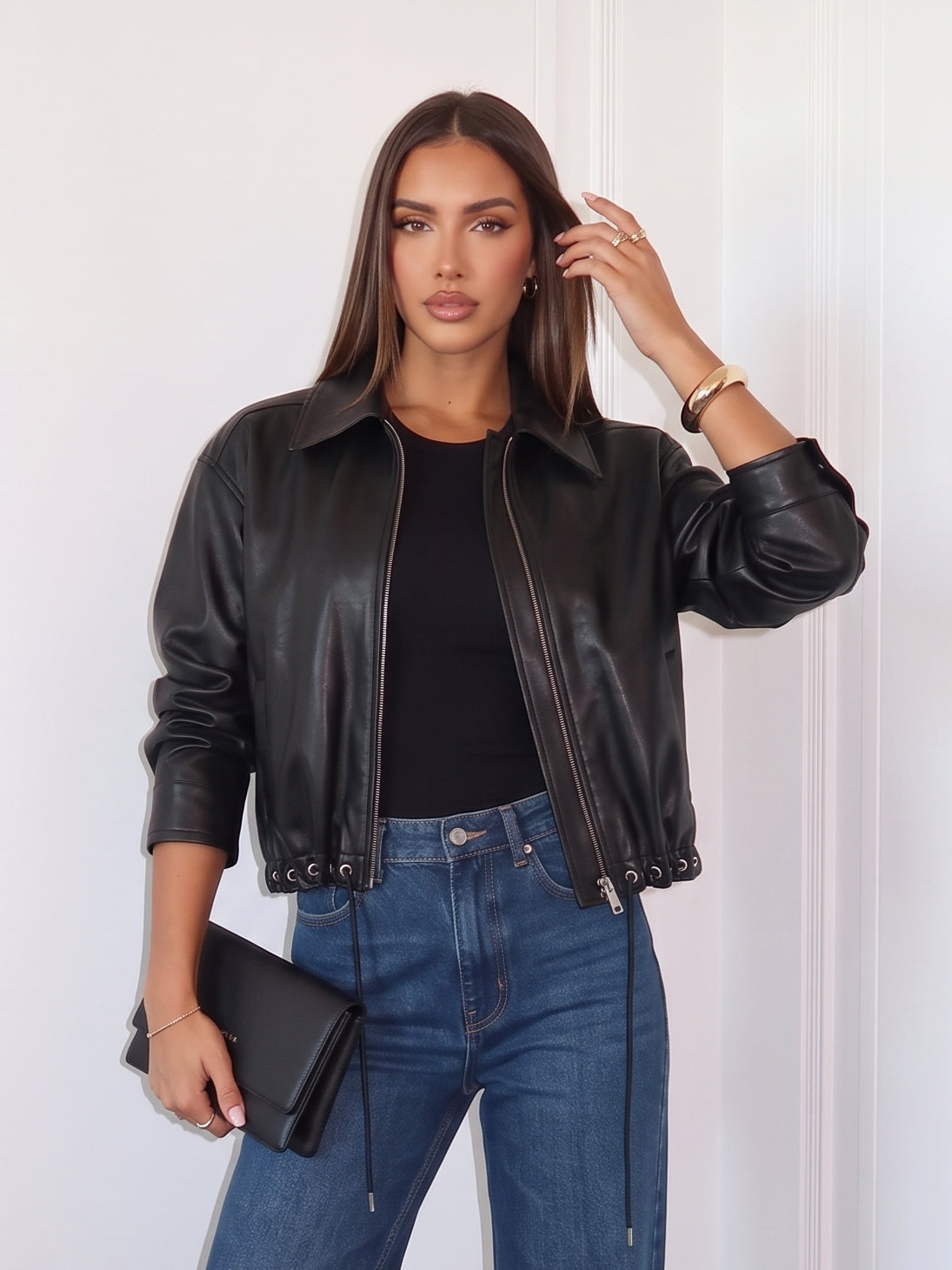 Cropped Grommet Detail Faux Leather Jacket