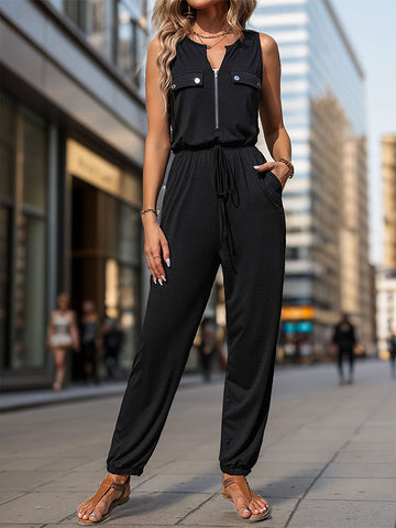 V Neck Drawstring Waist Jumpsuit