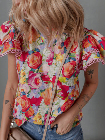 Floral Ruffle Sleeve Chiffon Blouse
