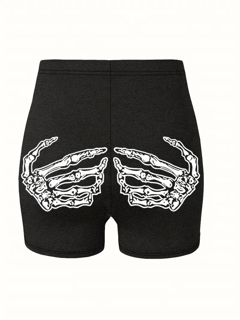 Skeleton-Print High-Waisted Edgy Yoga Shorts-Black