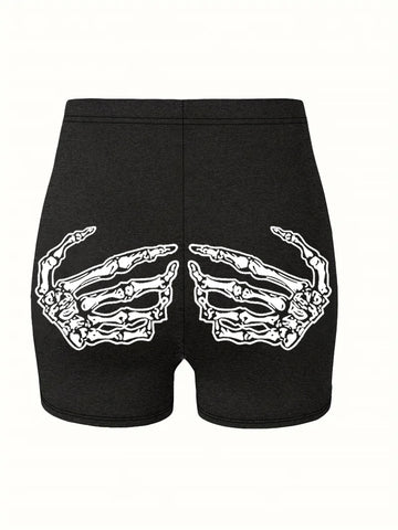 Skeleton-Print High-Waisted Edgy Yoga Shorts-Black
