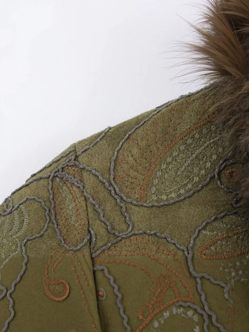 Embroidered Faux Fur Trim Coat