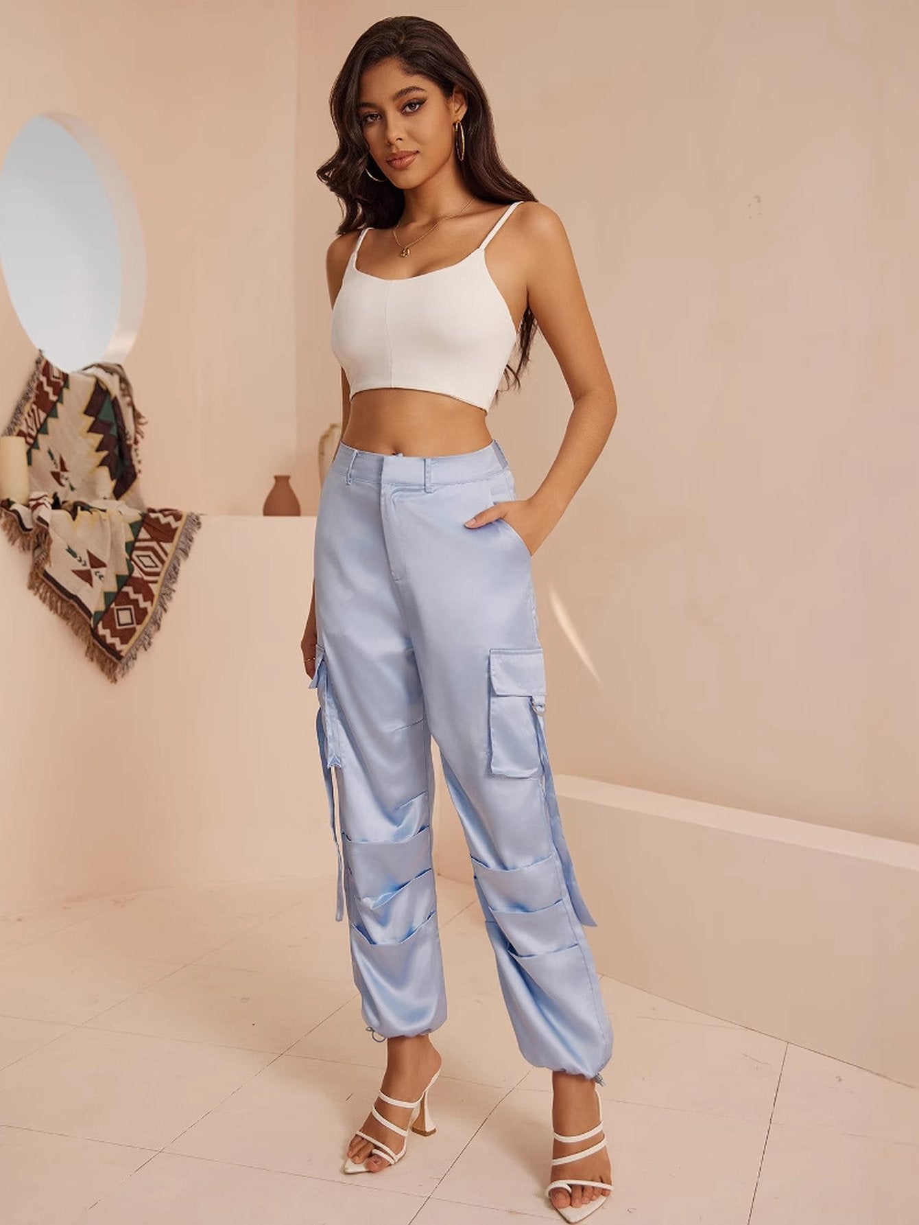 Utility Pocket Drawstring-Cargo Pants-Light Blue