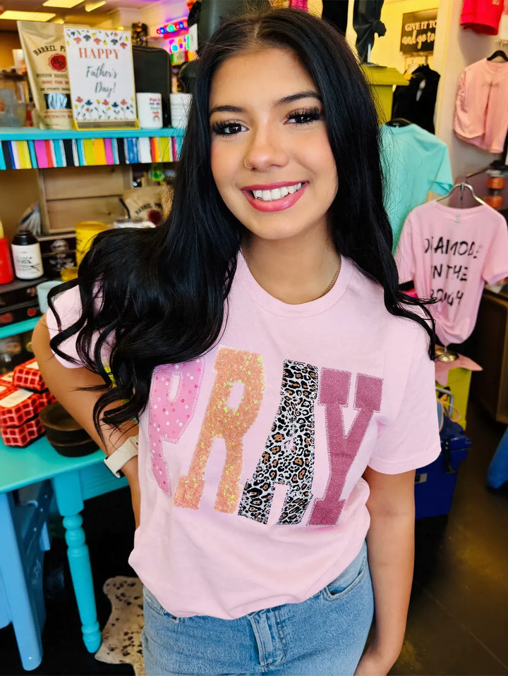 Sequin Leopard Print Pray T-Shirt