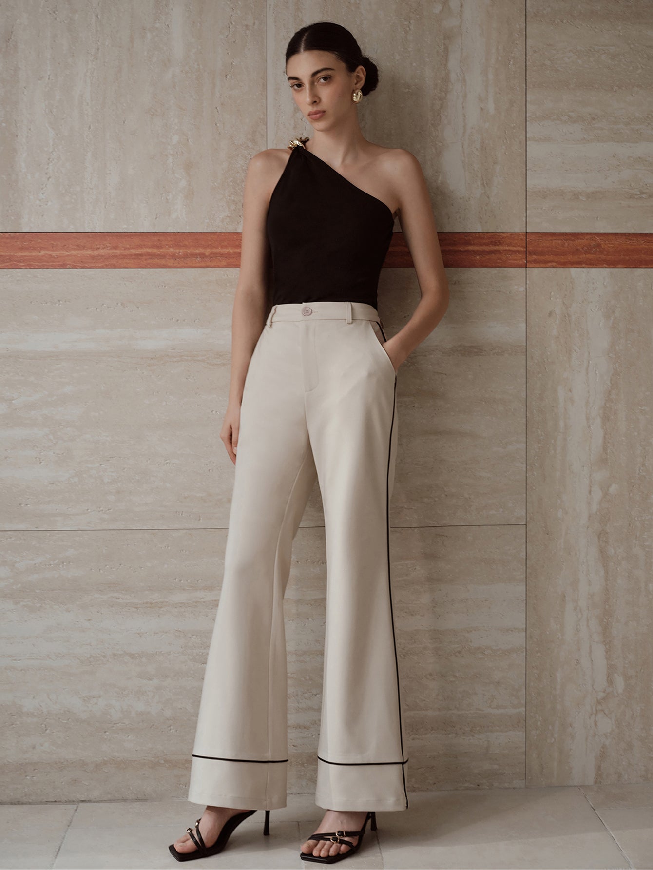 High Waisted Contrast Trim Trousers