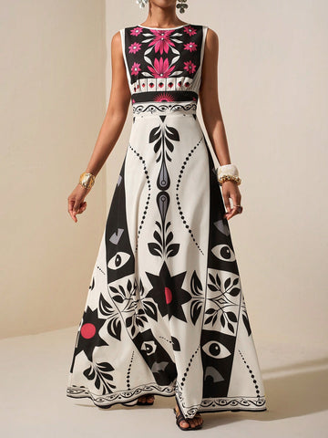 Boho Floral Print Sleeveless Maxi Dress