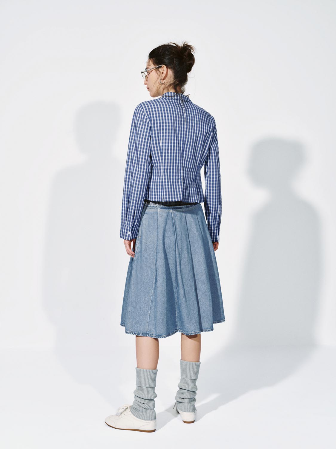 Urban Revivo Contrast Trim Drawstring Pleated Denim Midi Skirts-Blue