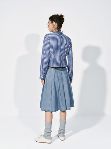 Urban Revivo Contrast Trim Drawstring Pleated Denim Midi Skirts-Blue