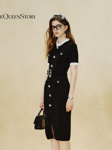 Elegant Tweed Belted Midi Dress