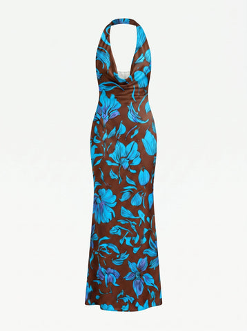 LILA Floral Print Cowl Neck Bodycon Midi Dress