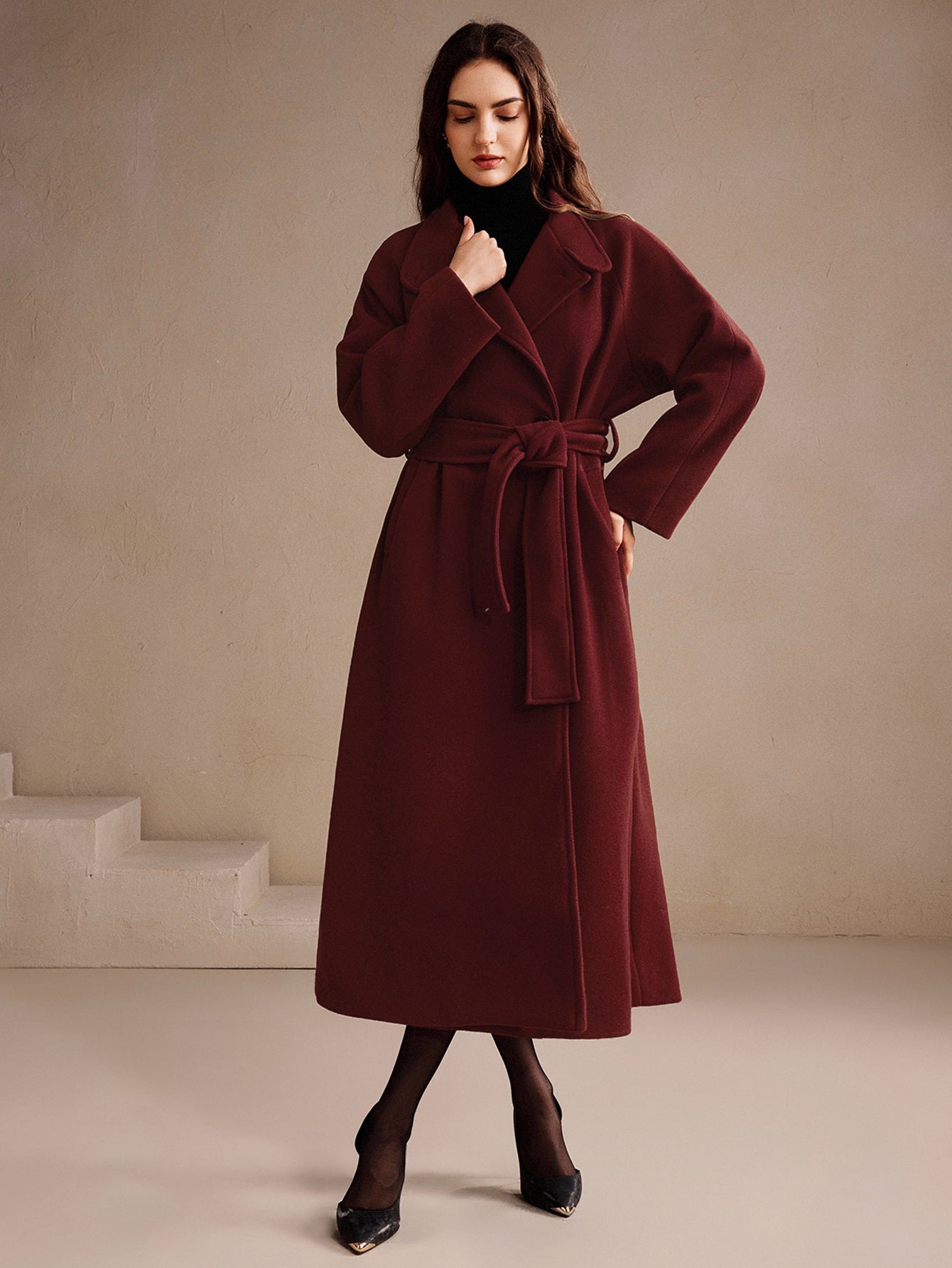 Elegant Belted Wool Blend Coat