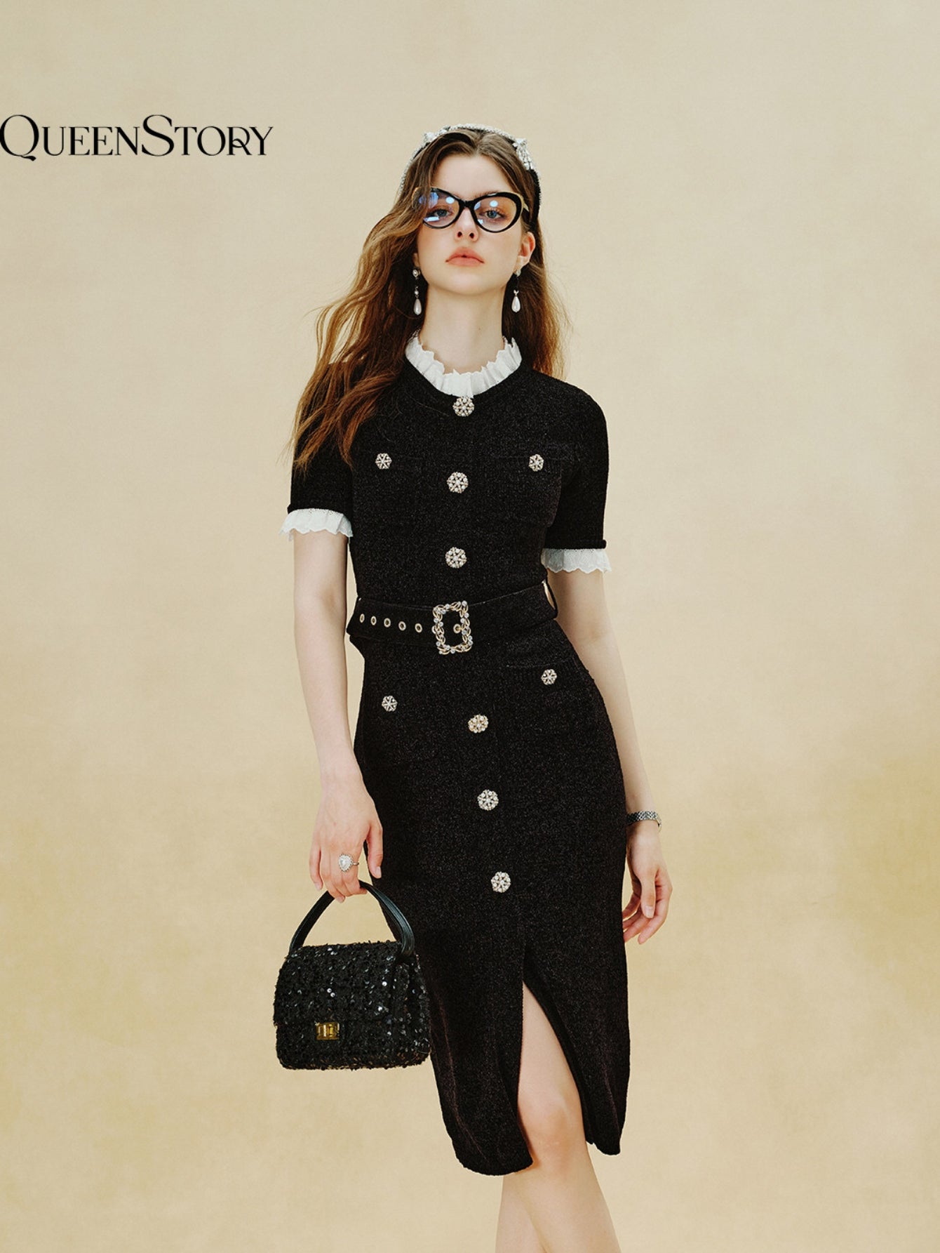 Elegant Tweed Belted Midi Dress