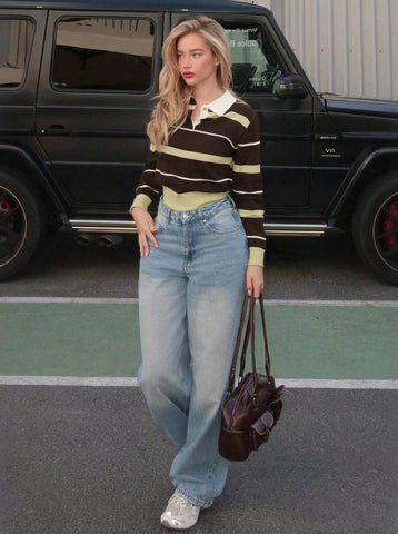 Striped Collared Button Up Sweater