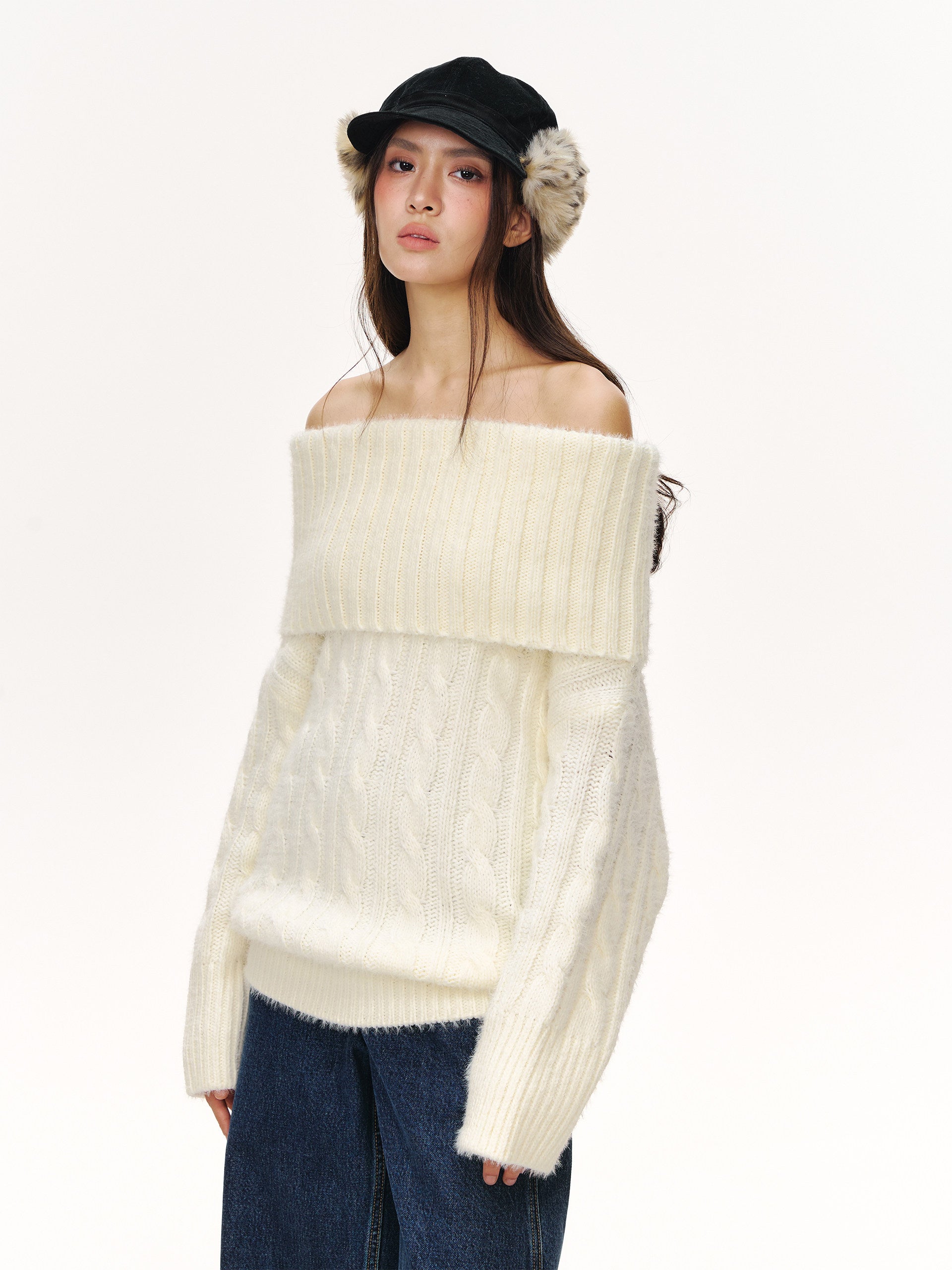 Cozy Off Shoulder Cable Knit Sweater