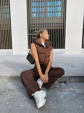 Cropped Puffer Vest Stand Collar