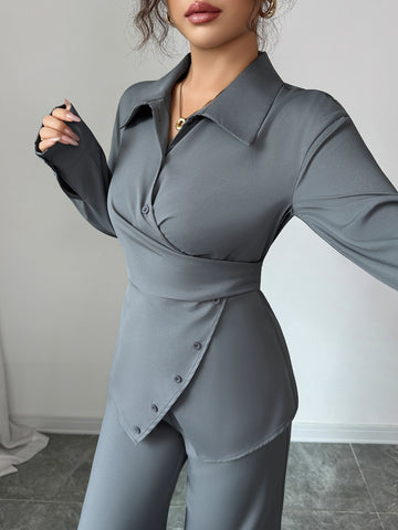 Elegant Wrap Buttoned Pant Set