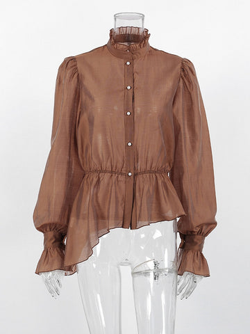 Elegant Lace Trim Peplum Button Shirt