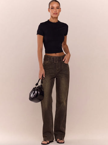 High Waisted Buckle Detail Jeans