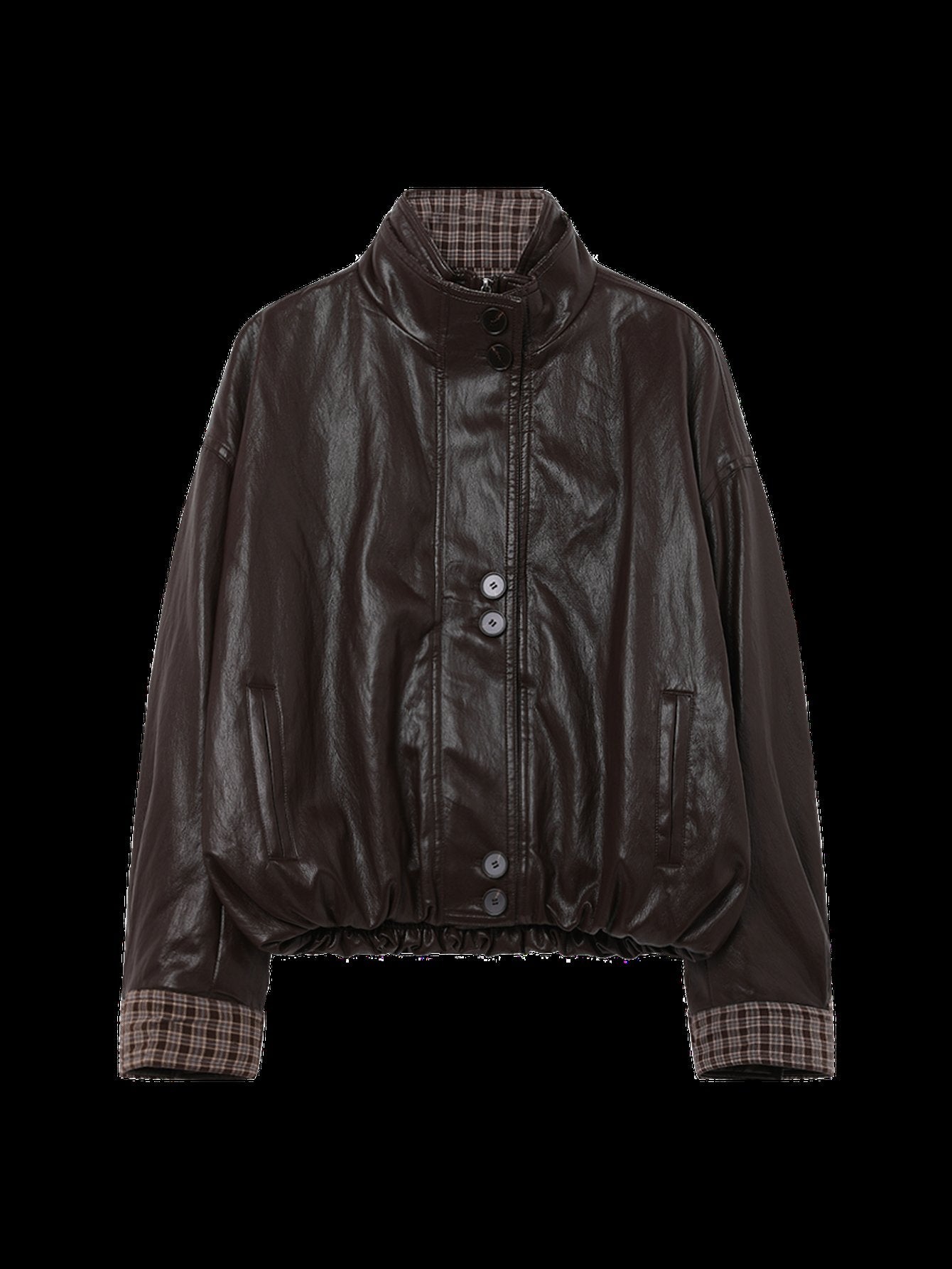 Plaid Trim Oversized Faux Leather Jacket