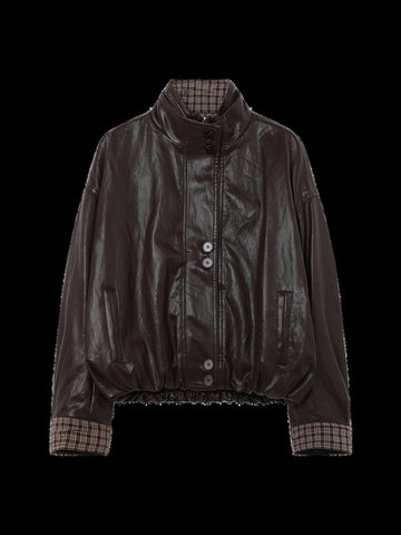 Plaid Trim Oversized Faux Leather Jacket
