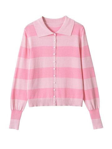 Cute Striped Collared Knit Cardigan