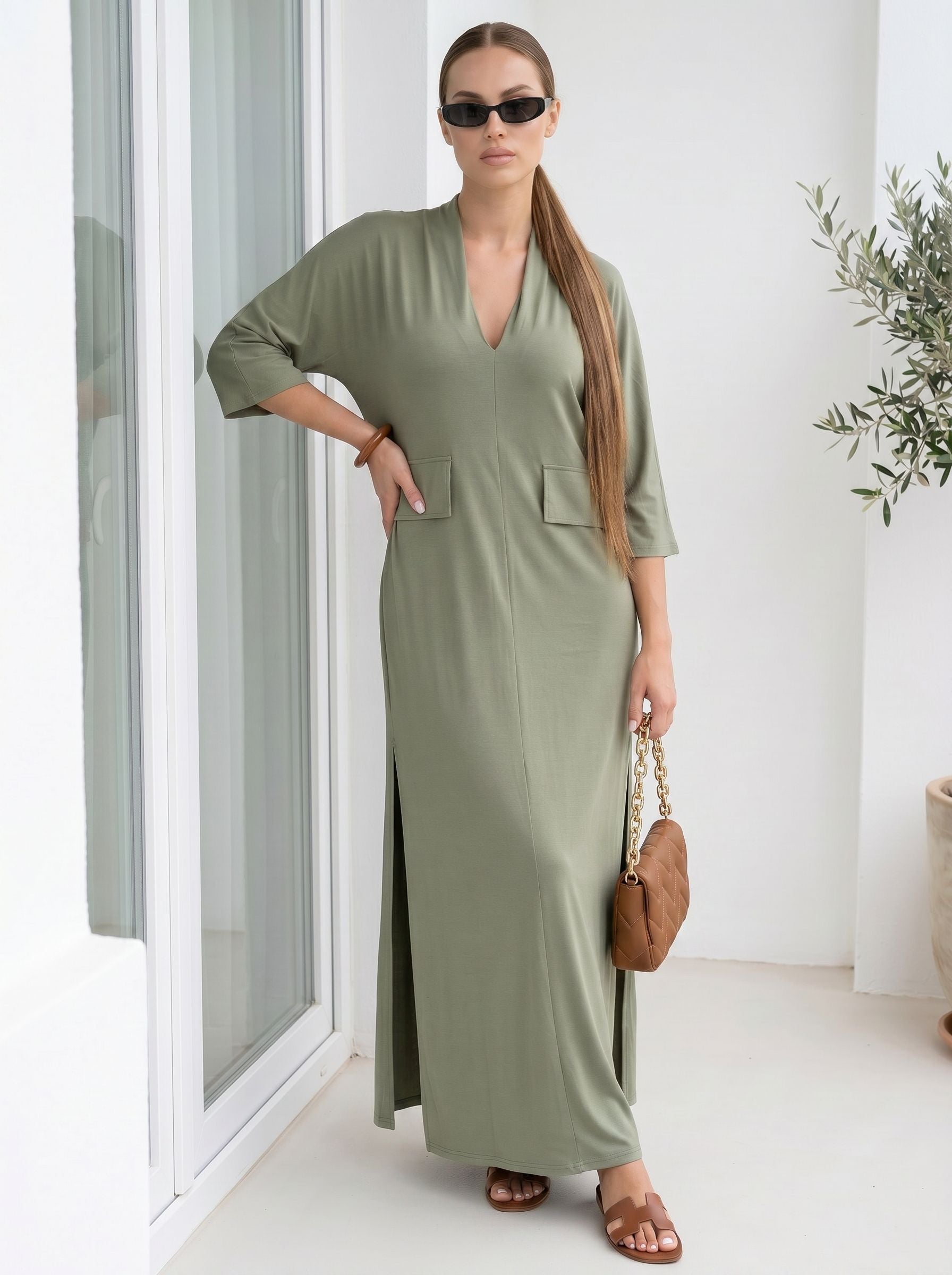 Casual V Neck Side Slit Dress