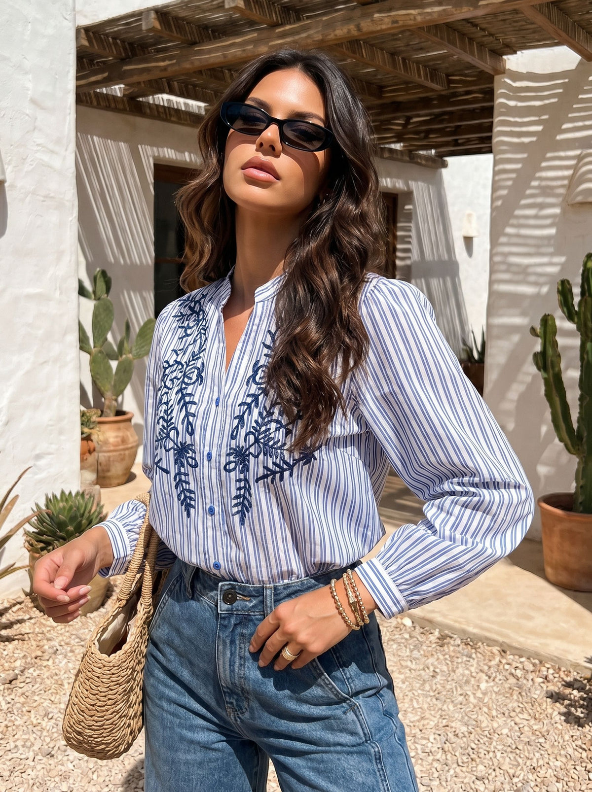 Embroidered Striped Button Down Shirt