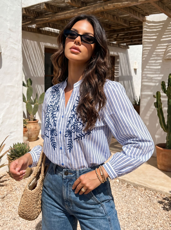 Embroidered Striped Button Down Shirt