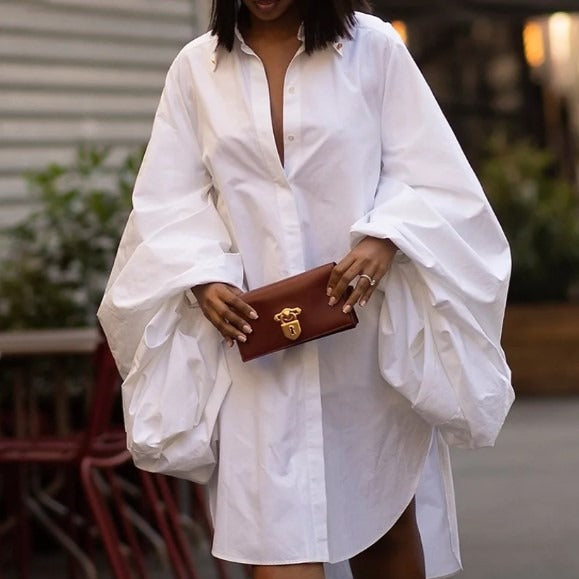 Oversized Balloon Sleeve White Shirt Dress