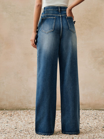 Floral Applique High Waisted Wide Jeans