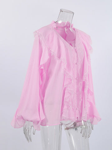 Ruffle Trim Lace Button Down Shirt