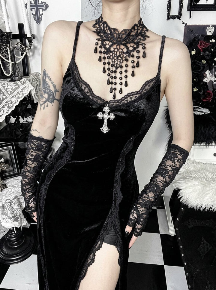 Gothic Lace Bell Sleeve Velvet Dress