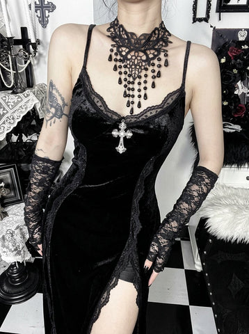 Gothic Lace Bell Sleeve Velvet Dress