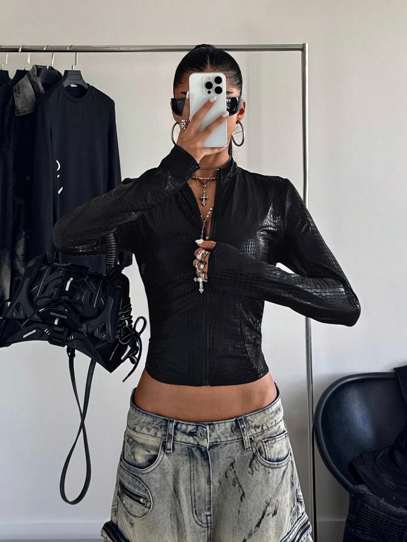 Cropped Faux Leather Zip Jacket