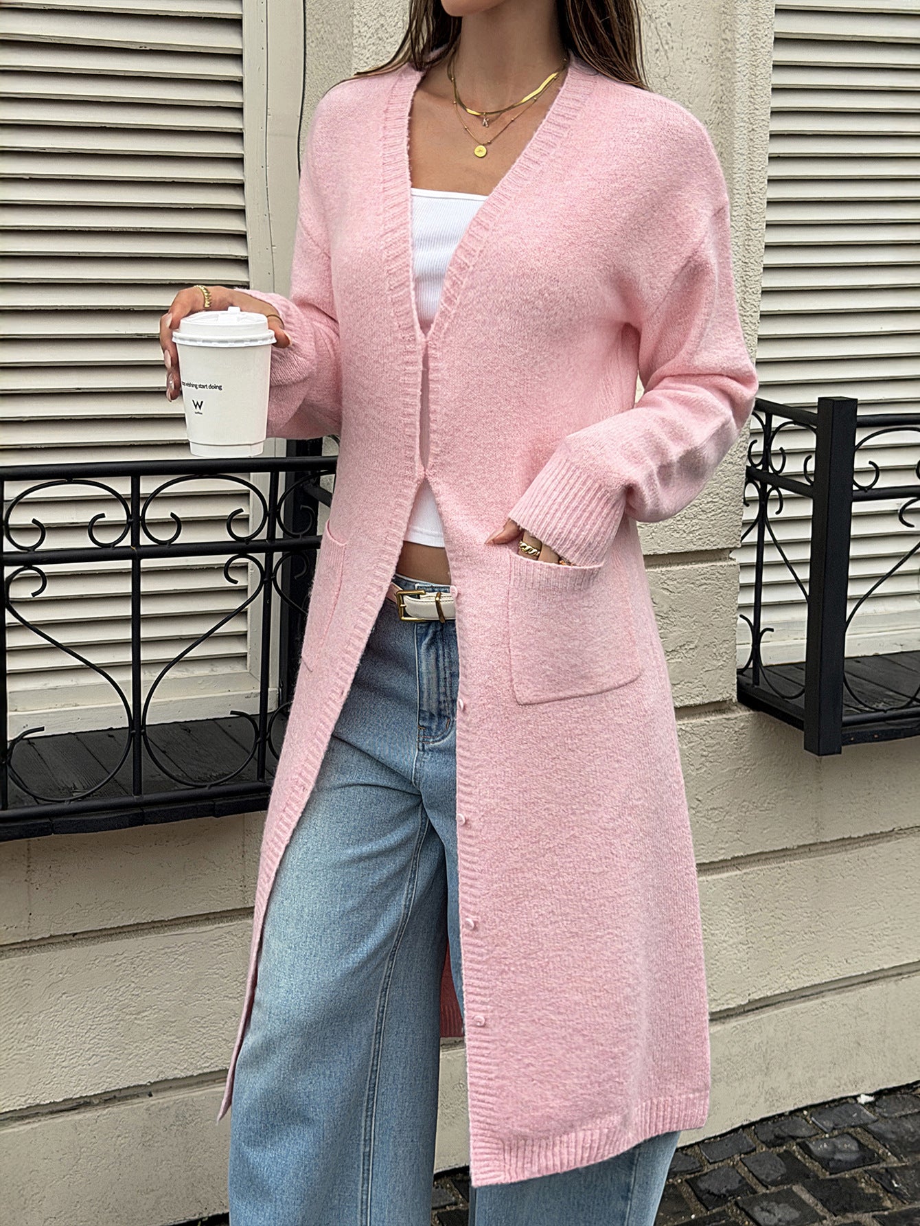 Soft Pink Longline Button Cardigan