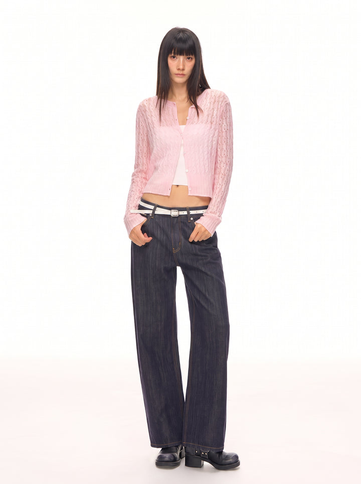 Sheer Cropped Cable Knit Cardigan