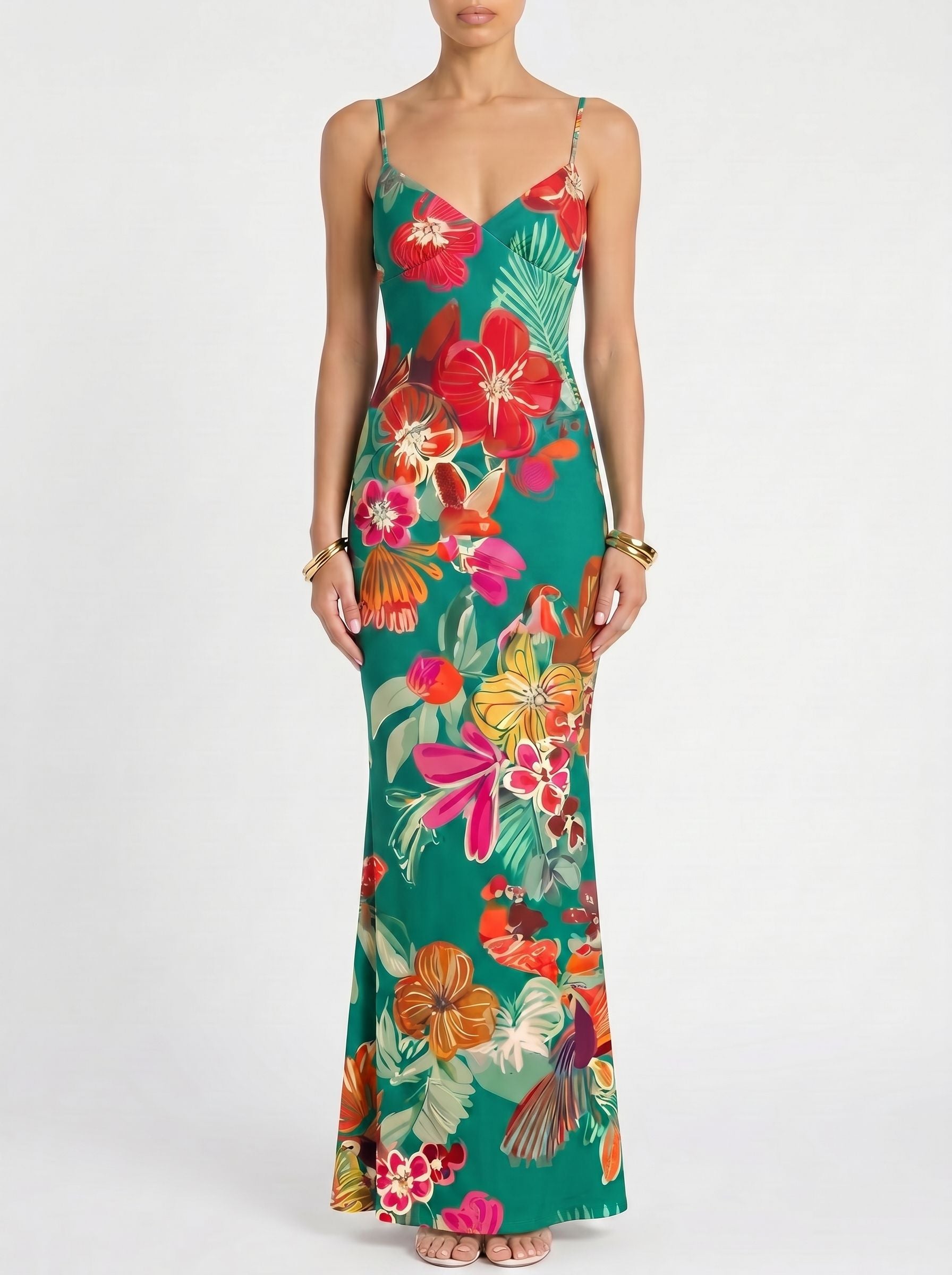 Floral Print Spaghetti Strap Bodycon Maxi Dress