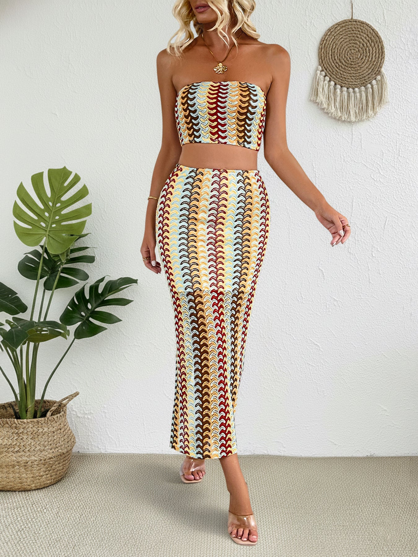 Tube Top Vibrant-Print Chic Midi Skirt Set