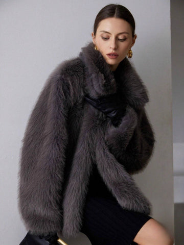 Luxurious Grey Faux Fur Coat