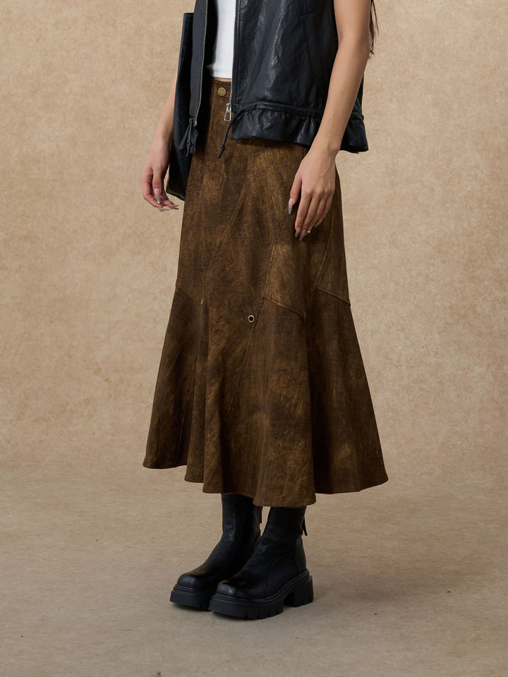 Vintage Distressed Faux Suede Midi Skirt