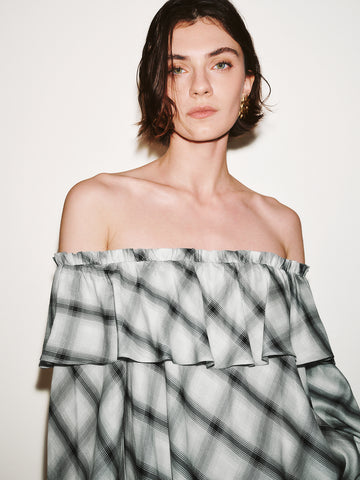 Urban Revivo Off Shoulder Ruffle Detail Contrast Check Overhead Shirts-Light dark gray check