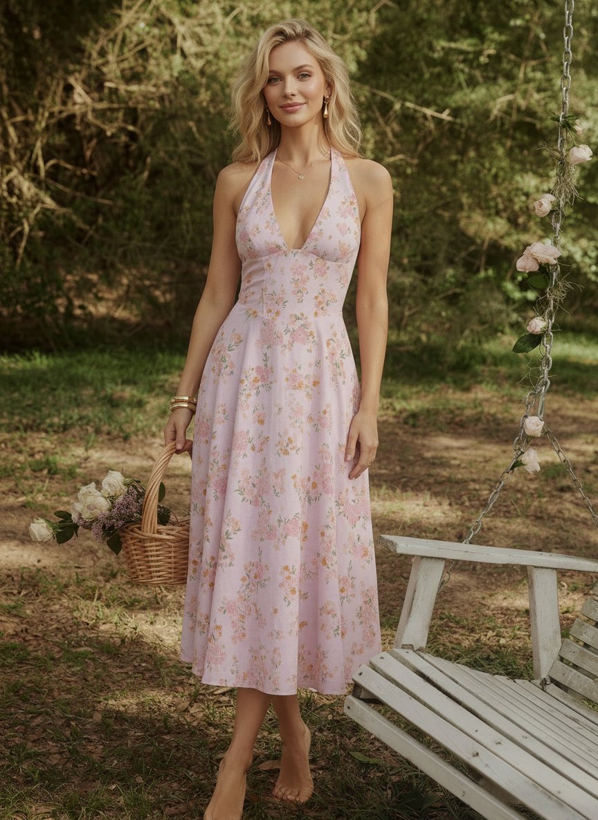 Floral Print Halter Neck Tie Back Midi Dress