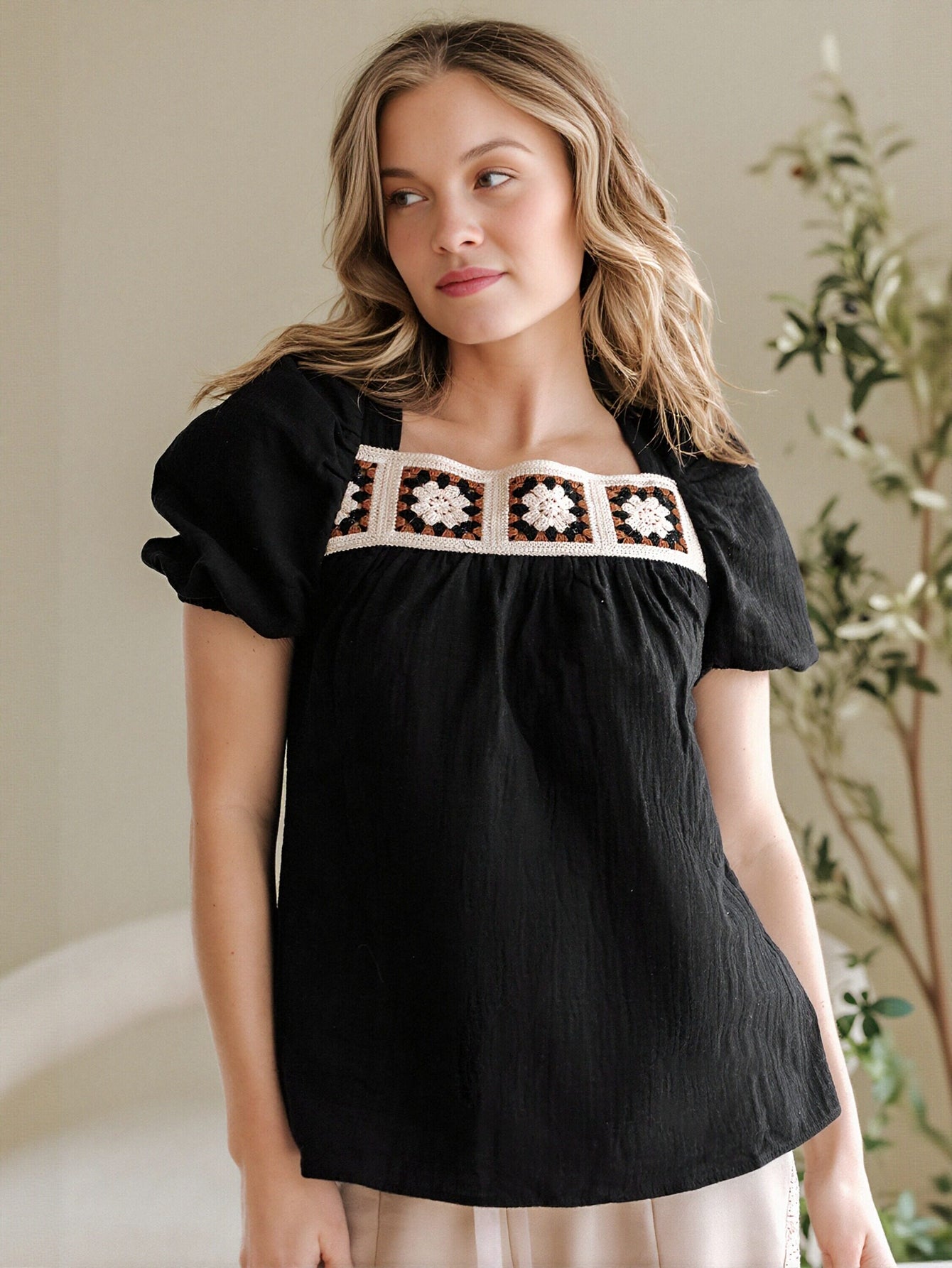 Crochet Trim Square Neck Blouse