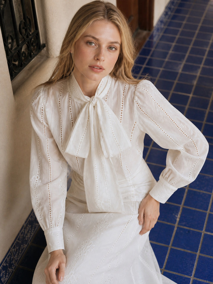 Elegant Embroidered Tie Neck Blouse
