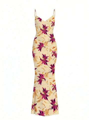 Floral Print Spaghetti Strap Bodycon Maxi Dress