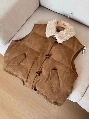 Faux Suede Sherpa Collar Puffer Vest