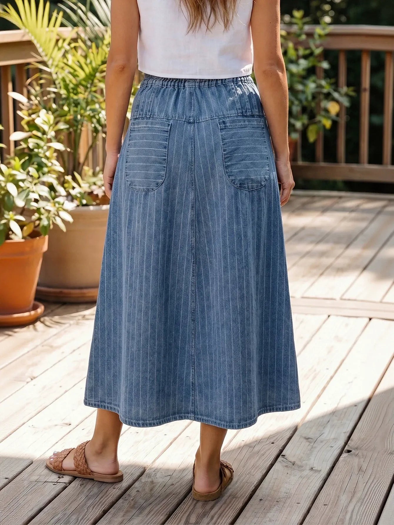High Waisted Striped Denim Midi Skirt