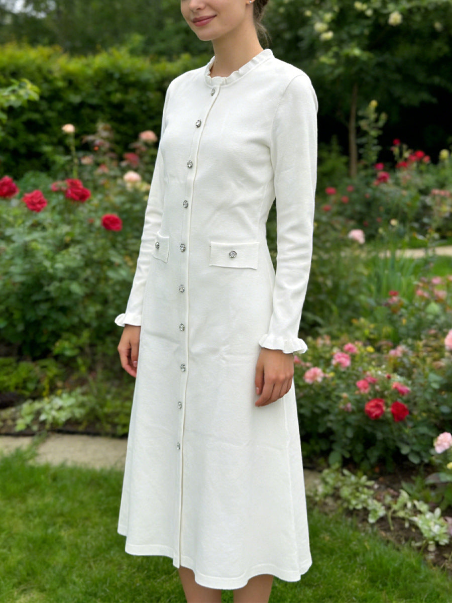 Long Sleeve Button-Front Elegant Midi Dress-Multicolor