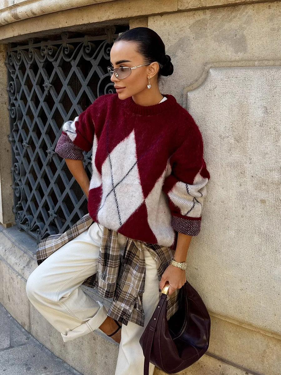 Oversized Argyle Fuzzy Knit Pullover Sweater