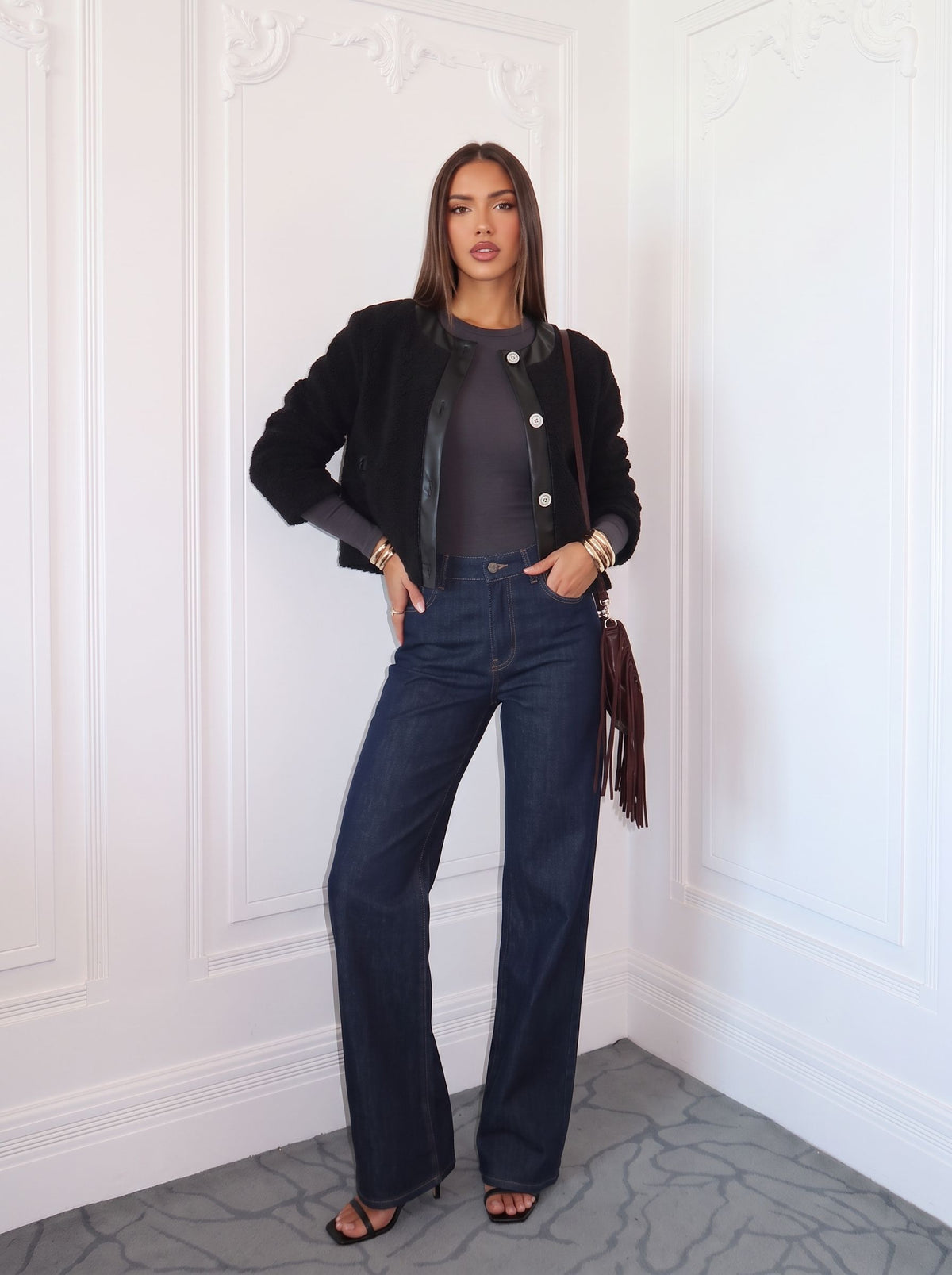 Faux Leather Trim Teddy Jacket
